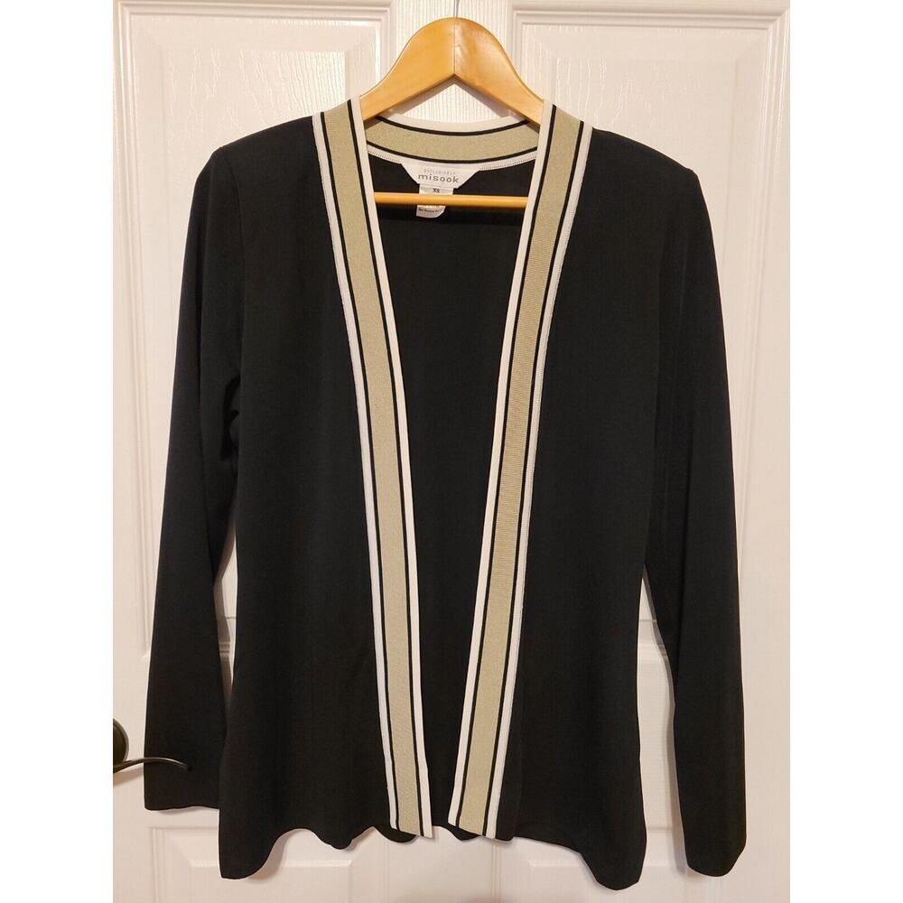 Exclusively Misook Sweater XSmall Black Open Cardigan Contract Green Trim